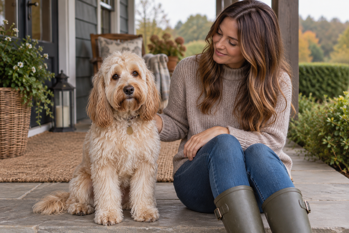 Pet parent beside a naturally maintained longer-coated cockapoo on a garden porch