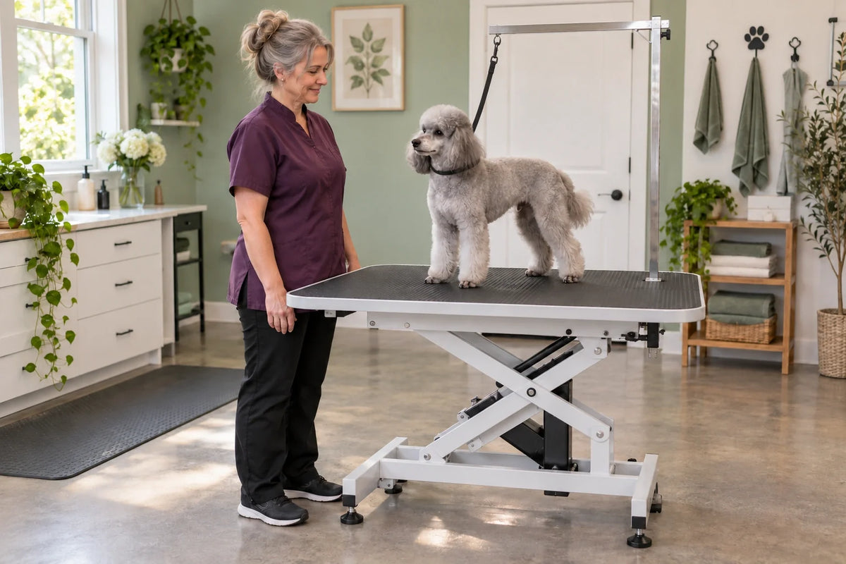 Groomer positioned close to a poodle on an adjustable grooming table, with a visible grooming loop around its neck.