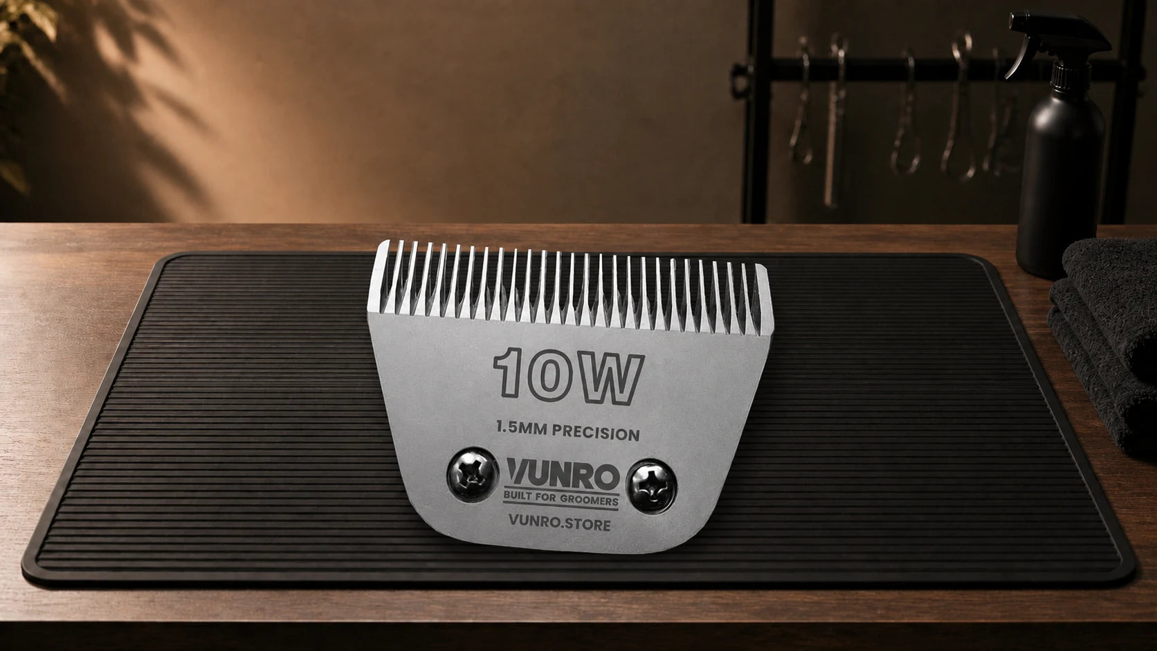 #10W Dog Clipper Blade (1.5 mm) resting naturally on the VUNRO grooming workbench