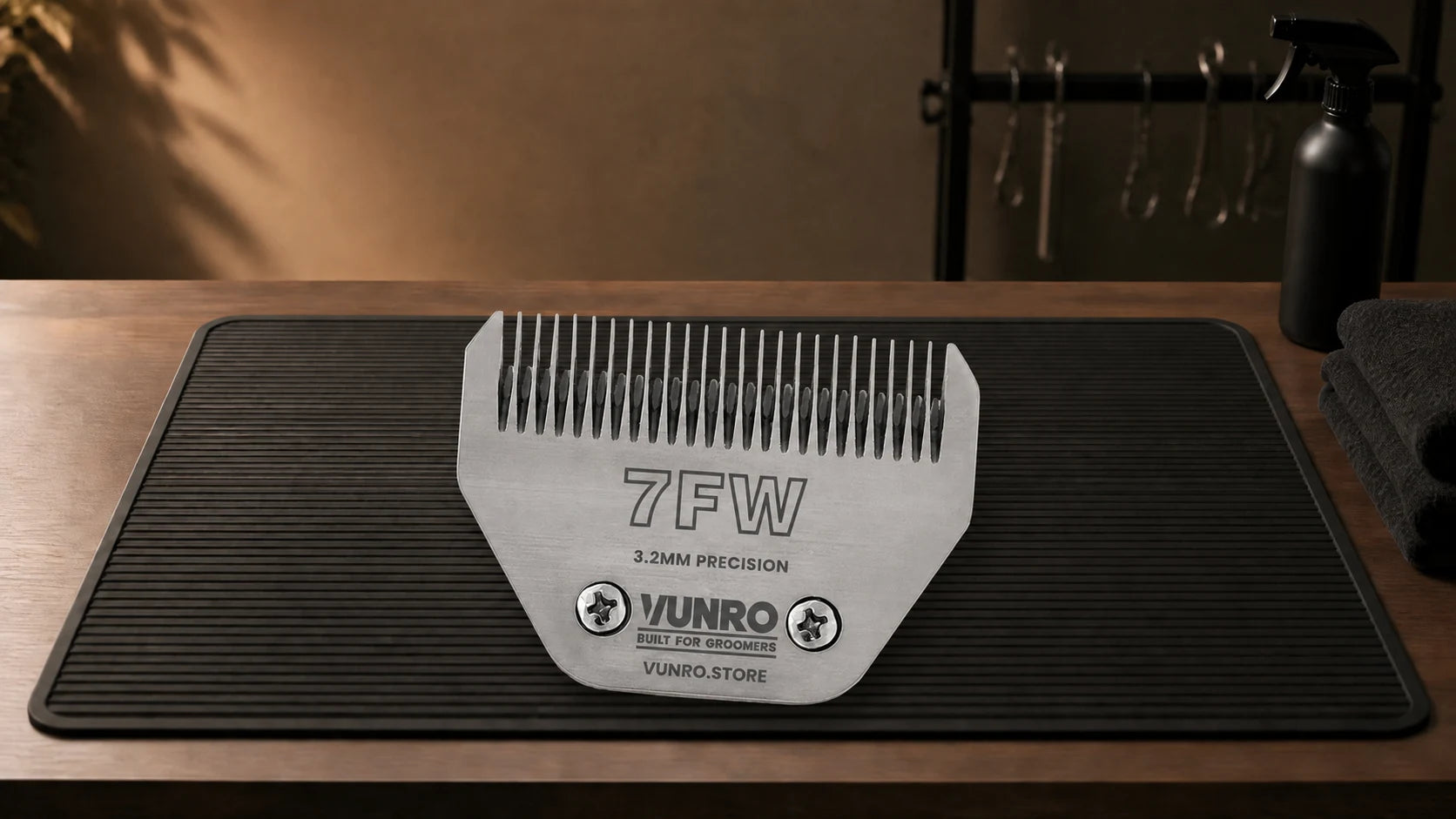 #7FW Dog Clipper Blade (3.2 mm) resting naturally on the VUNRO grooming workbench